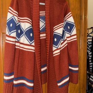 Brown and Blue Geometric Cardigan Sweater
